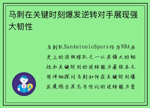 马刺在关键时刻爆发逆转对手展现强大韧性